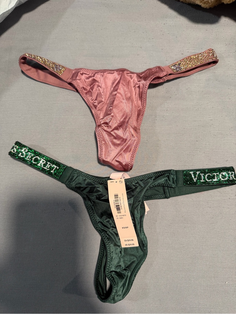 Pink Satin Thong & Green Logo Embellished Thong - Pink and Dark Green